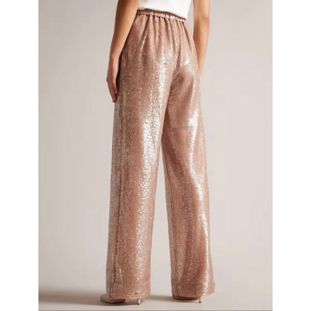 Ted Baker Milleit Matte Sequin Wide Leg Sequin High Rise Pant Light Pink Size 10 - Picture 12 of 12
